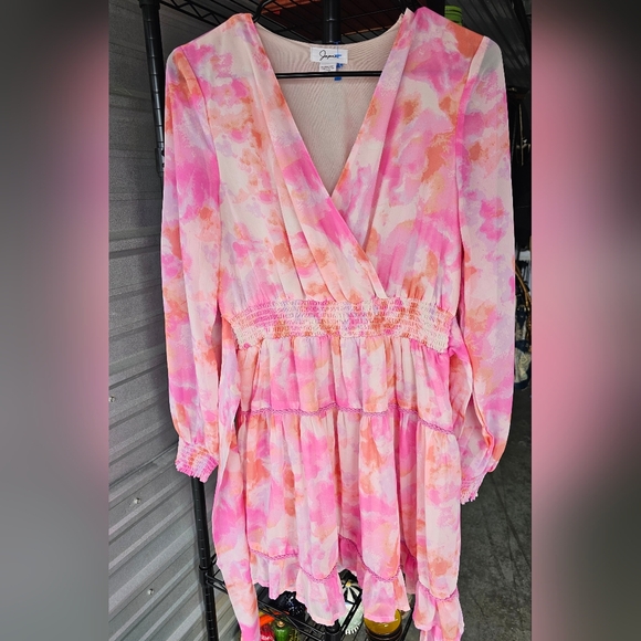 Japna Pink Tie Dye Watercolor Long Sleeve Boho Ruffle Babydoll Dress - Picture 4 of 6